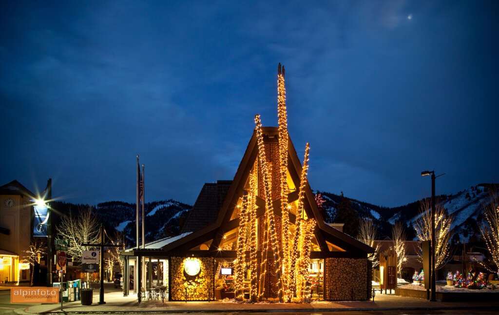 starbucks ketchum idaho with timber beams, stone facade, and mountain views