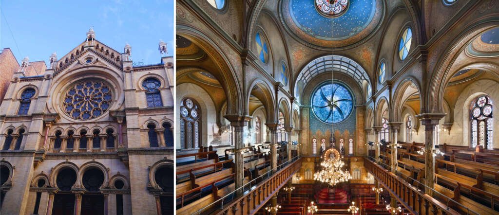 exterior and interior of the museum at eldridge street in new york