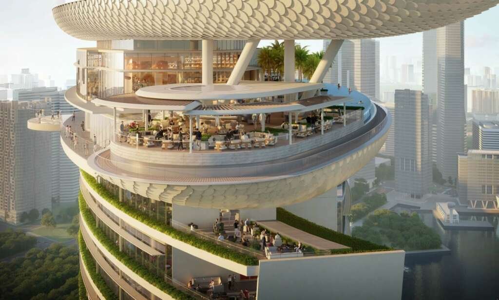 76,000-square-foot skyloop rooftop dining attraction and observatory that’s slightly higher than the signature sands skypark feature at the adjacent resort development