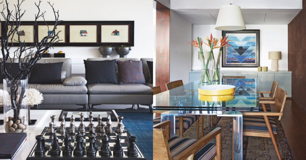 the design speaks wabi sabi with raw teakwood surfaces some kinetic sculptures which responded to sea breeze and floor to ceiling glass planes set no boundary between the ocean and spaces. a