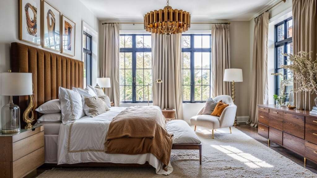 an elegant, cosy transitional bedroom with a large bed featuring a tall, ribbed brown headboard, a unique gold chandelier, and a plush white armchair on a textured rug.