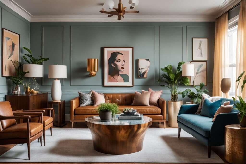 stylish living room in transitional design, featuring soft beige furniture, gold-accented lighting, and rich wooden floors.