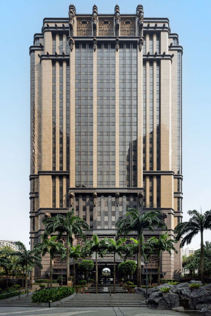 front elevation of a towering office building in art deco style